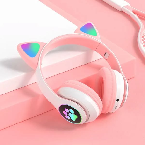 STN-28 Over Ear Music Headset Glowing Cat Ear Headphones Foldable Wireless BT5.0 Earphone with Mic AUX in TF Card MP3 Player Colorful LED Lights for PC Laptop Computer Mobile Phone